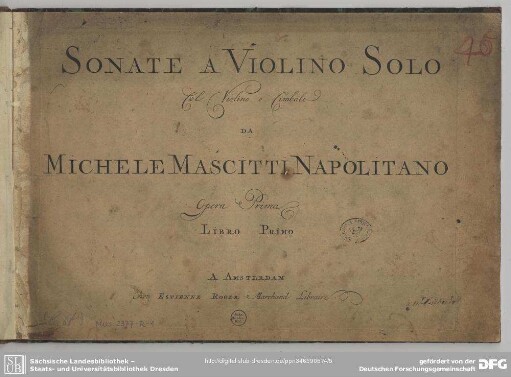 Sonate a violino solo col violino o cimbalo : opera prima, libro primo; vl, bc