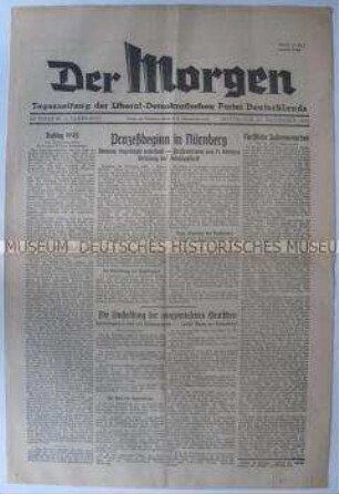 Tageszeitung der LDPD "Der Morgen" u.a. zum Beginn des Kriegsverbrecherprozesses in Nürnberg