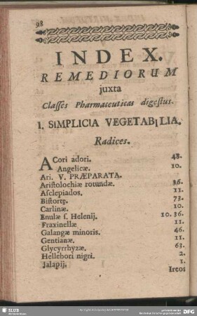 Index Remediorum juxta classes Pharmaceuticas destus