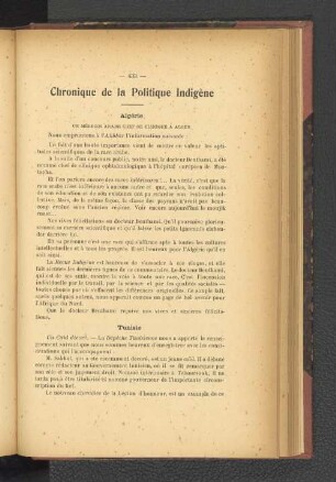 Chronique de la politique indigène.