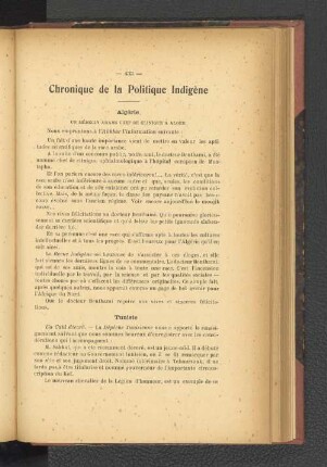 Chronique de la politique indigène.