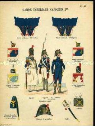 Uniformdarstellung, Sappeur, Korporal und Offizier der Grenadiere zu Fuß der National-Garde, Detailstudien von Rockschößen, Kopfbedeckungen, Säbel und Patronentasche der Grenadiere der National-Garde, Erstes Kaiserreich Frankreich, 1804/1814.