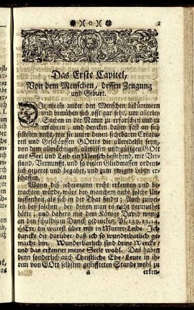 Das Erste Capitel, Von dem Menschen, dessen Zeugung und Geburt.