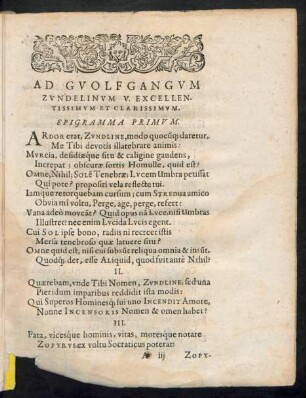 Ad Guolfgangum Zundelinum V. Excellentissimum Et Clarissimum. Epigramma ...