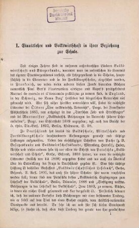Staatslehre und Volkswirtschaft auf höheren Schulen