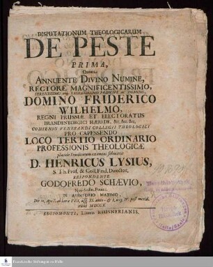Disputationum Theologicarum De Peste Prima