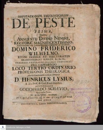 Disputationum Theologicarum De Peste Prima