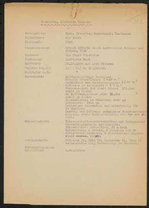 Königliches Hoftheater, Wiesbaden: Schriftstück zum Fragebogen für das Handbuch »Das Deutsche Theater«, drei Seiten