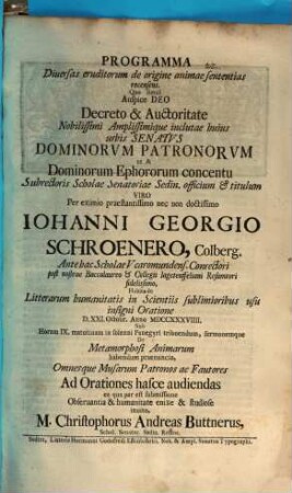 Programma, diversas eruditorum de origine animae sententias recensens
