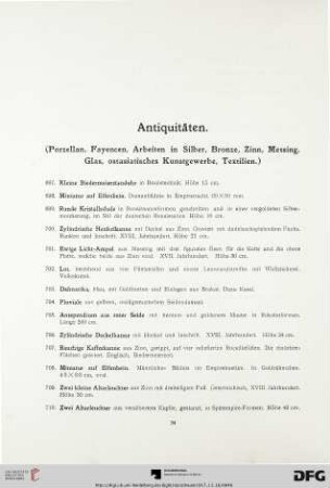 Antiquitäten (Porzellan, Fayencen, Arbeiten in Silber, Bronze, Zinn, Messing, Glas, ostasiatische Kunstgewerbe) (Nr. 697-1219)