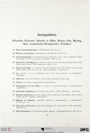 Antiquitäten (Porzellan, Fayencen, Arbeiten in Silber, Bronze, Zinn, Messing, Glas, ostasiatische Kunstgewerbe) (Nr. 697-1219)