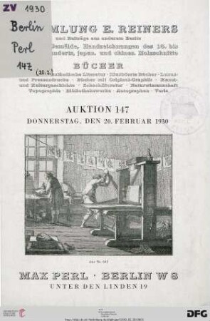 Sammlung E. Reiners und Beiträge aus anderem Besitz : Graphik, Gemälde, Handzeichnungen des 16. bis 20. Jahrhunderts, japan. und chines. Holzschnitte ; Bücher ... ; ... 20. Februar 1930 (Katalog Nr. 147)