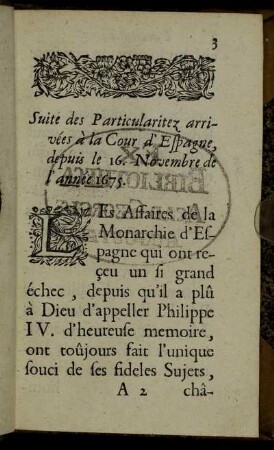 Suite des Particularitez arrivées a la Cour d'Espagne, depuis le 16. Novembre de l'anneé 1675