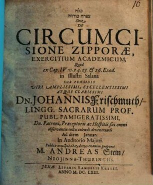 Ṣipporā koretet sive de circumcisione Zipporae, exercitium academicum