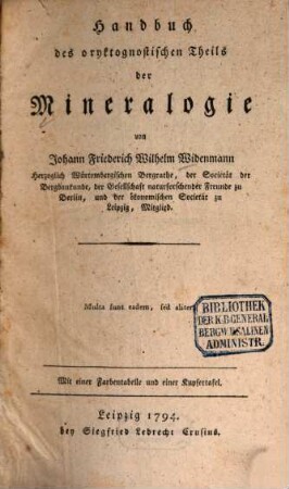 Handbuch des oryktognostischen Theils der Mineralogie : Mit einer Farbentabelle und einer Kupfertafel