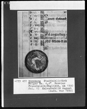 Breviar — Kalenderseite August mit Monatsbild, Folio 13recto