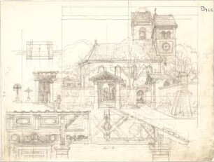 Thiersch, August ; Friedhofsportale - Perspektive, Schnitt, Details