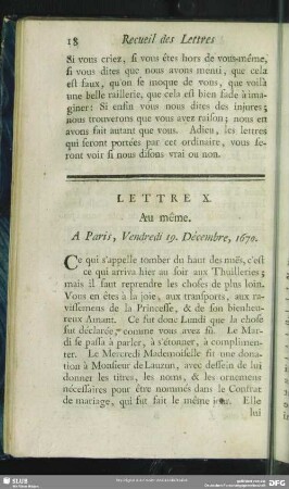 Lettre X. Au même. A Paris, Vendredi 19. Décembre, 1670