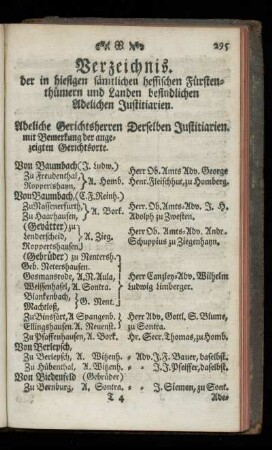 Verzeichnis der in hiesigen saemtlichen hessischen Fuerstenthuemern und Landen befindlichen adelichen Justitiarien
