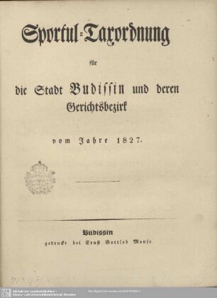 Sportul-Taxordnung für die Stadt Budissin und deren Gerichtsbezirk vom Jahre 1827