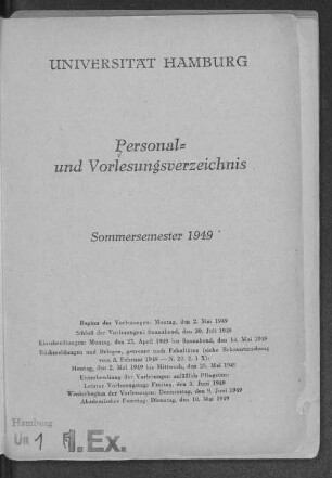 SS 1949: Personal- und Vorlesungsverzeichnis // Hamburgische Universität