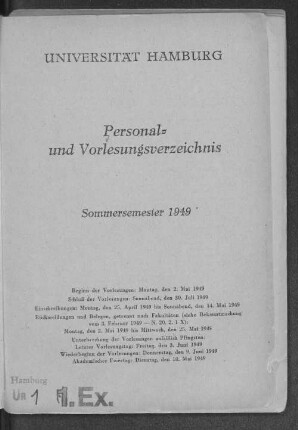 SS 1949: Personal- und Vorlesungsverzeichnis // Hamburgische Universität
