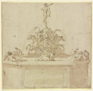 Ein Brunnen, über einer Gruppe von auf Pferden reitenden Tritonen steht Herkules, auf dem Brunnenrand liegen Nymphen