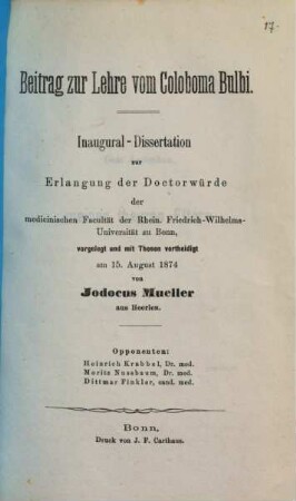 Beitrag zur Lehre von Coloboma Bulbî : Inaug. Diss.