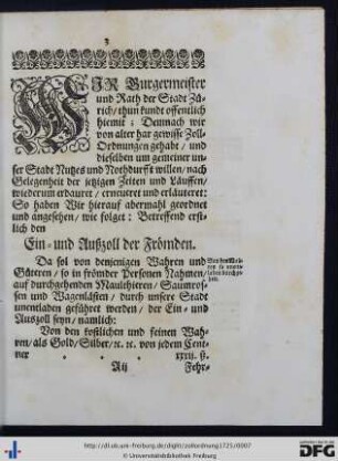 Wir Burgermeister und Rath der Stadt Zürich thun kundt offentlich hiermit ...