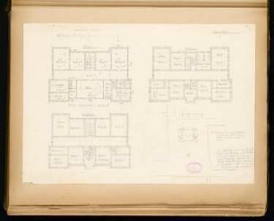 Rathaus, Calau Monatskonkurrenz März 1879: Grundriss Keller, Erdgeschoss, Obergeschoss 1:150; Skizze Dachaufsicht; Maßstabsleiste, Maßangaben, Erläuterungstext