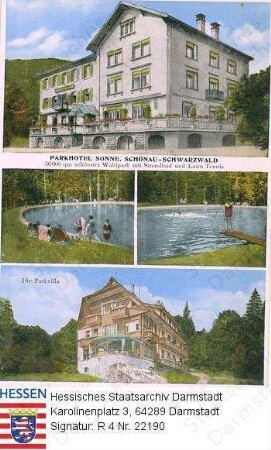 Schönau im Schwarzwald, Parkhotel Sonne - Erholungsheim für Landesbedienstete / verschiedene Details und Gesamtansicht