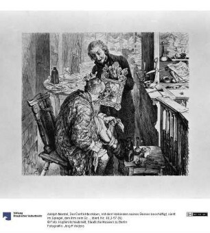 Der Dorfrichter Adam, mit dem Verbinden seines Beines beschäftigt, sieht im Spiegel, den ihm sein Schreiber Licht vorhält, sein zerschundenes Gesicht, zu Heinrich von Kleist "Der Zerbrochene Krug"