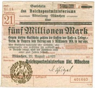 Geldschein / Notgeld, 5 Millionen Mark, 22.8.1923