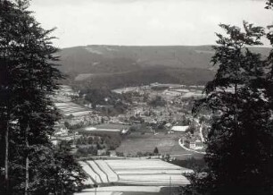 Zella-Mehlis, Stadtansicht : Zella-Mehlis. Stadtteil Mehlis in der Sommerau. Blick vom Regenberg nach Nordosten gegen Großen Beerberg (982 m)