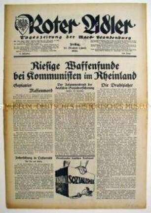 Regionale NSDAP-Tageszeitung "Roter Adler" zur Beschlagnahme eines Waffenlagers der Kommunisten in Siegburg
