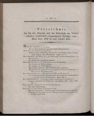 Verzeichnis der für das Museum und die Bibliothek der Wetterauischen Gesellschaft eingegangenen Beiträge, vom 28ten Sept. 1810 bis zum Schluss 1813.