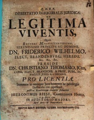 Dissertatio Inauguralis Juridica, De Legitima Viventis