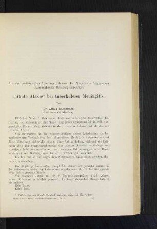 "Akute Ataxie" bei tuberkulöser Meningitis.