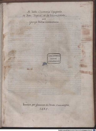 De fato : mit Kommentar und Widmungsvorreden an Johannes Jacobus Trivultius, Bernardus Salvaticus und Hermolaus Barbarus den Jüngeren von Georgius Valla. [1-2], [2]. Timaeus