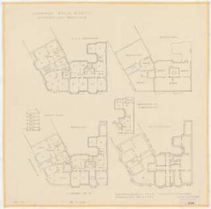 Wohnhaus Liliencronstraße/Presselstraße, Berlin-Steglitz: 4 Grundrisse Keller, Erdgeschoss, 1., 2., 3. Obergeschoss, Dachgeschoss, 1 Teilgrundriss Abweichungen im 3. Obergeschoss, 1:200, 1 Schnitt, 1:500