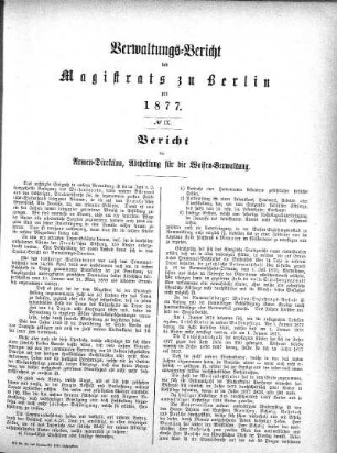 No. IX. Bericht über die Armen-Direktion, Abtheilung für die Waisen-Verwaltung