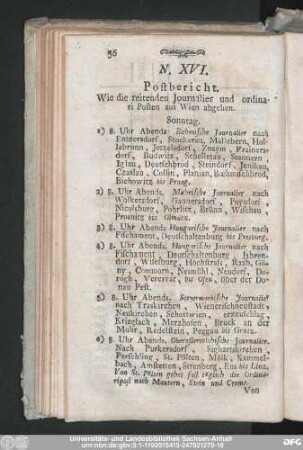 N. XVI. Postbericht. Wie die reitenden Journalier und ordinari Posten aus Wien abgehen.