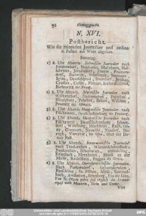 N. XVI. Postbericht. Wie die reitenden Journalier und ordinari Posten aus Wien abgehen.