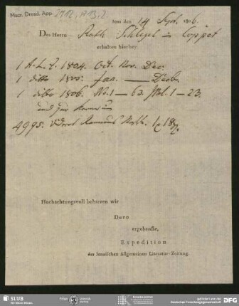 Eigenh. Lieferschein auf Vordruck von Jenaische Allgemeine Literatur-Zeitung an August Wilhelm von Schlegel, Jena, 14.09.1806
