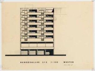 Büro- und Wohnhäuser Bundesallee 219/220 / Schaper Straße 30, Berlin-Wilmersdorf: Ansicht 1:100 (Bundesallee 215)