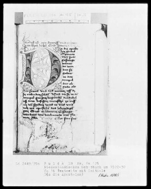 Niederdeutsches Gebetbuch mit teils eingeklebten, teils eingeprägten Kupferstichen — Initiale D (a die), Folio 16 recto