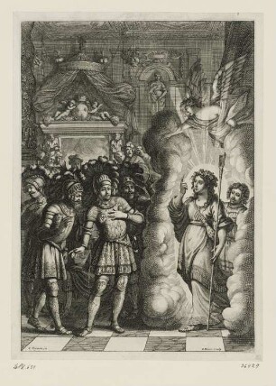 Heilige Johanna von Orléans erscheint dem König, aus: Jean Chapelain, "La Pucelle ou La France delivrée, poëme héroïque", Paris 1656