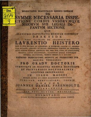 Dissertatio Inavgvralis Medico-Legalis De Svmme Necessaria Inspectione Cordis Vasorvmqve Maiorvm Svb Legali Infantvm Sectione