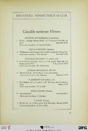 Dienstag, vormittags 10 Uhr . Gemälde moderner Meister (Nr. 1-148)