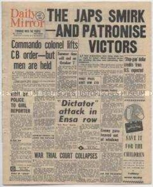 Britische Tageszeitung "Daily Mirror" u.a. zur Vorbereitung der offiziellen Kapitulations-Zeremonie Japans